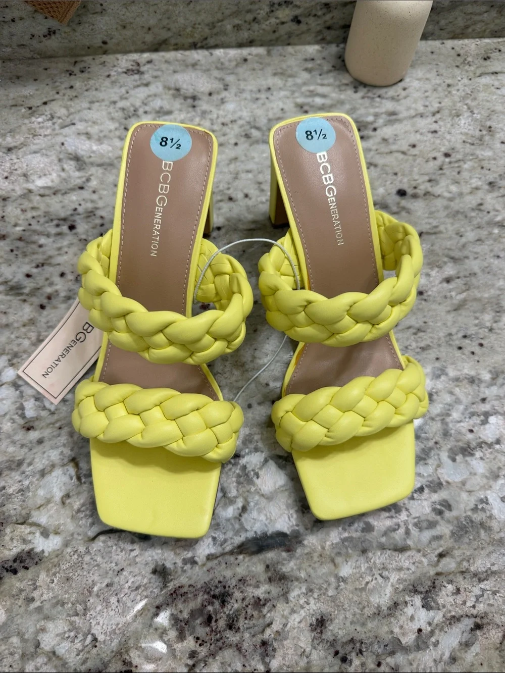 BCBGeneration Braided Double-Strap Heeled Sandals in Yellow